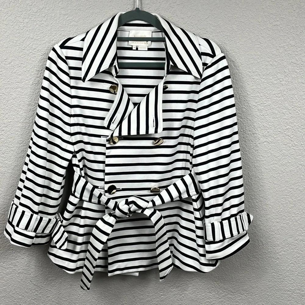 Kate Spade Nautical Striped Bow Jacket Crop Double Breasted Black White Sz M